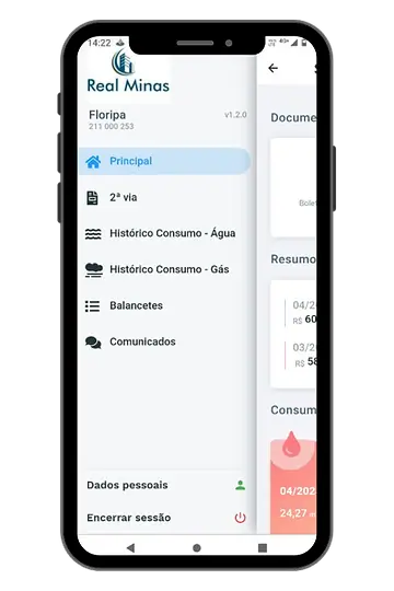 Celular com o menu do aplicativo da Real Minas: segunda via, histórico de consumo de água e gás, balancetes e comunicados