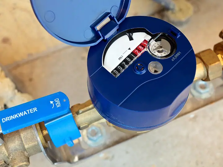 Hidrômetro azul instalado em cano de metal, com o mostrador aberto